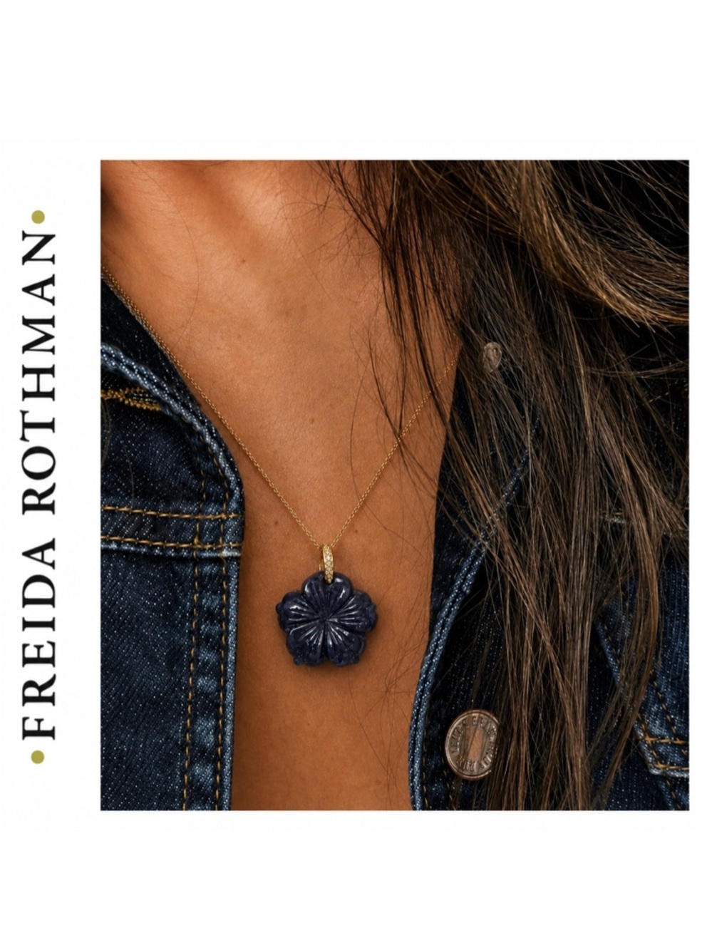 Freida Rothman Vault Hand-Carved Dark Blue Lapis Flower Pendant Brass Based